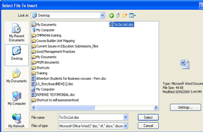 select file to insert acrobat menu