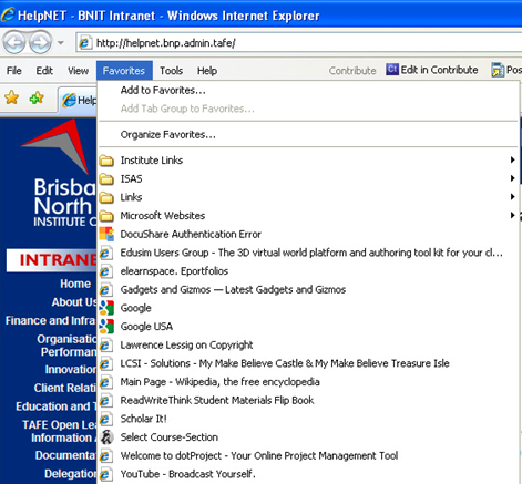 internet explorer favourites menu