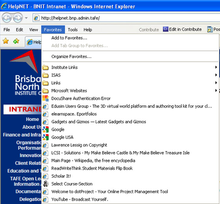 internet explorer favourites menu