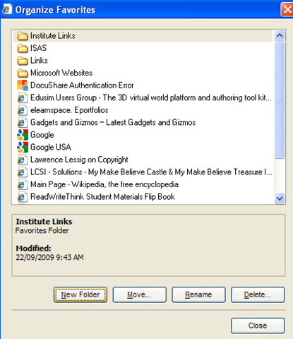 internet explorer organize favourites window