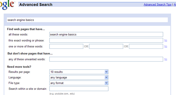 Google advanced search screen