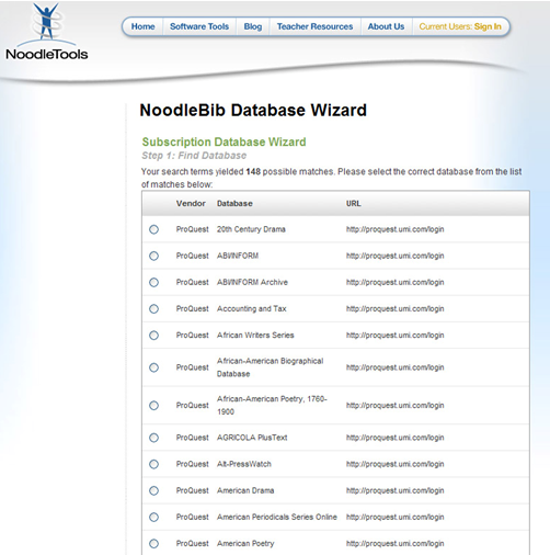 noodlebib database wizard screen